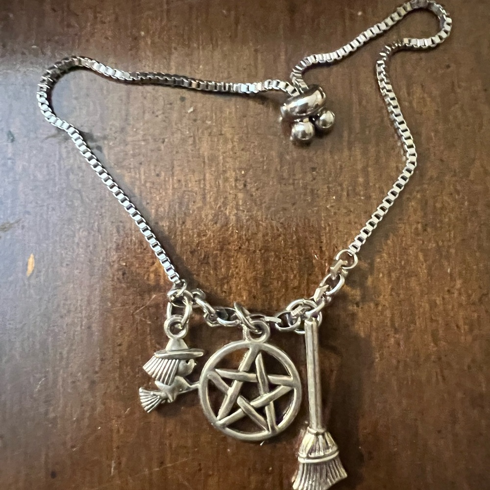 Silver Charm Necklace with Pentagram and Broom